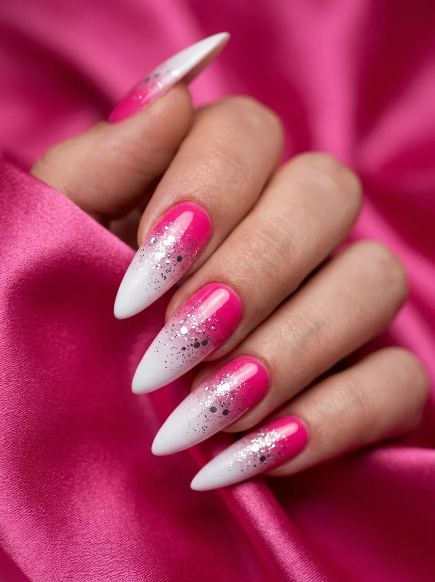 Hot Pink to White Ombre with Silver Glitter