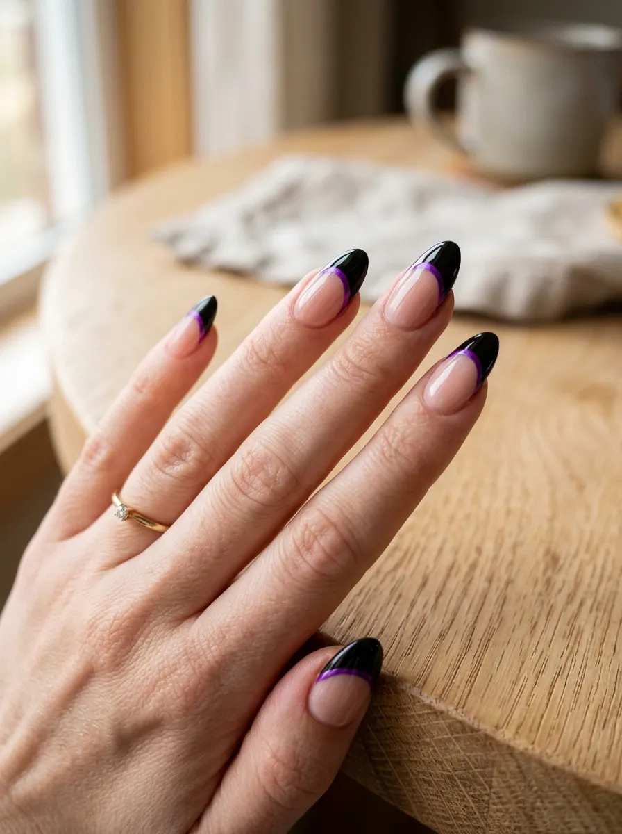 Glossy Black French Tip With Purple Line