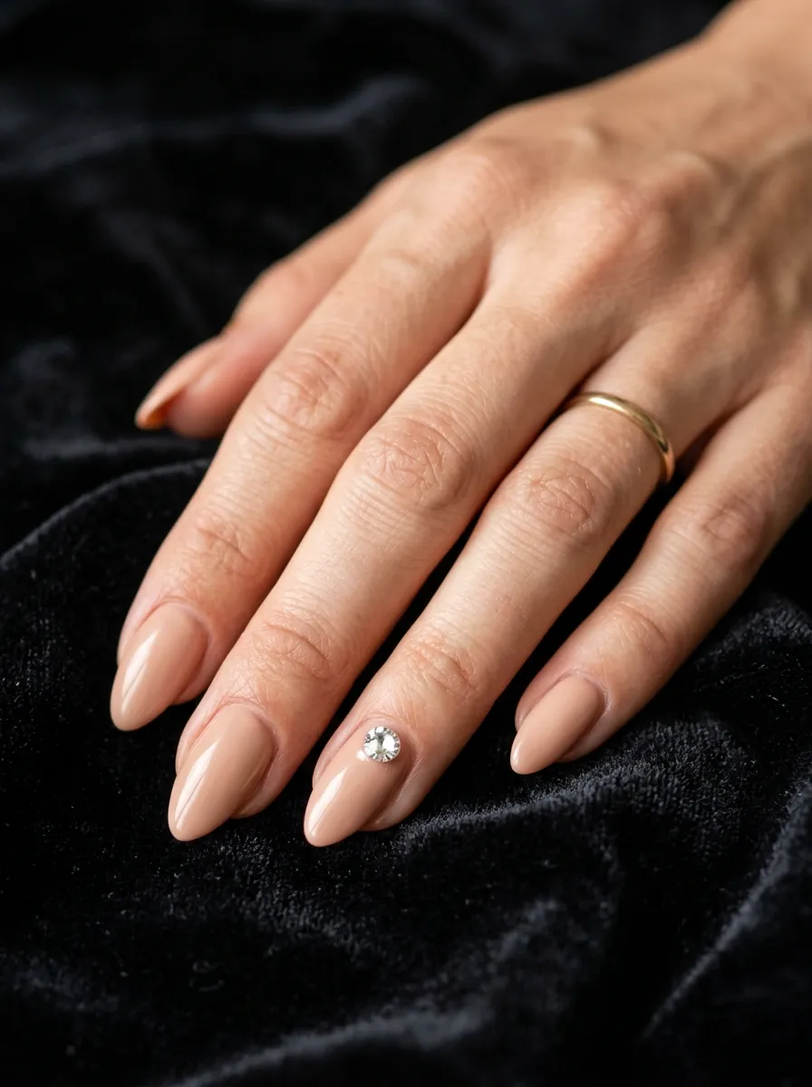 Nude Almond Nails with a Single Gem
