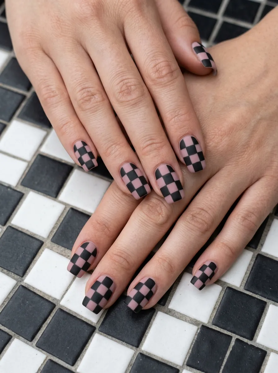 Matte Black and Pink Checkerboard Nails