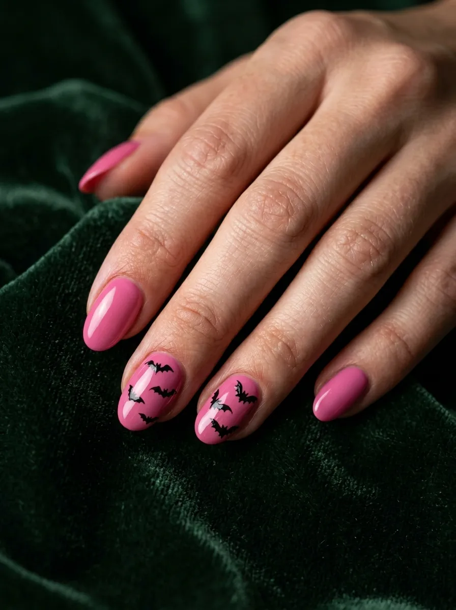 Pink Nails with Tiny Black Bats