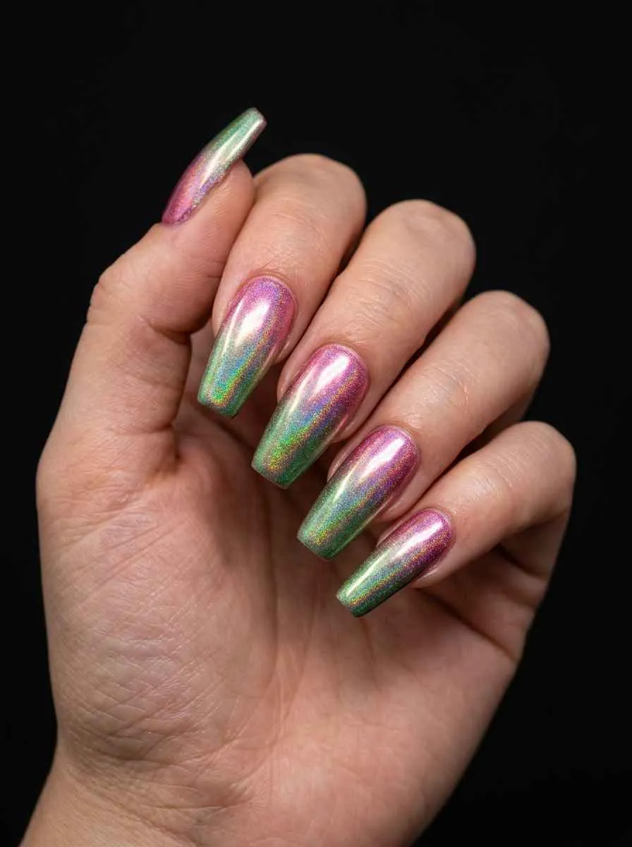 Holographic Pink to Green Chrome Ombre