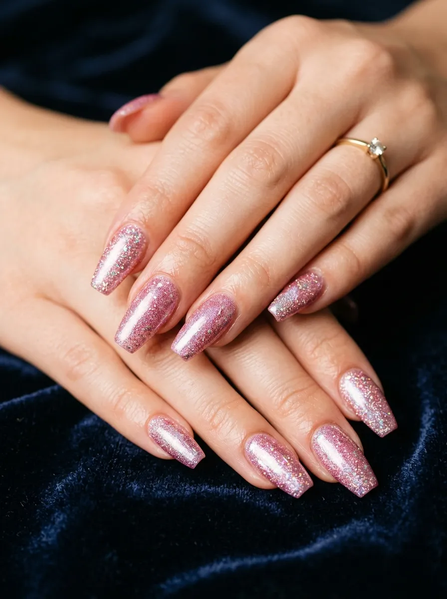 Chrome Nails With Pink Glitter Base