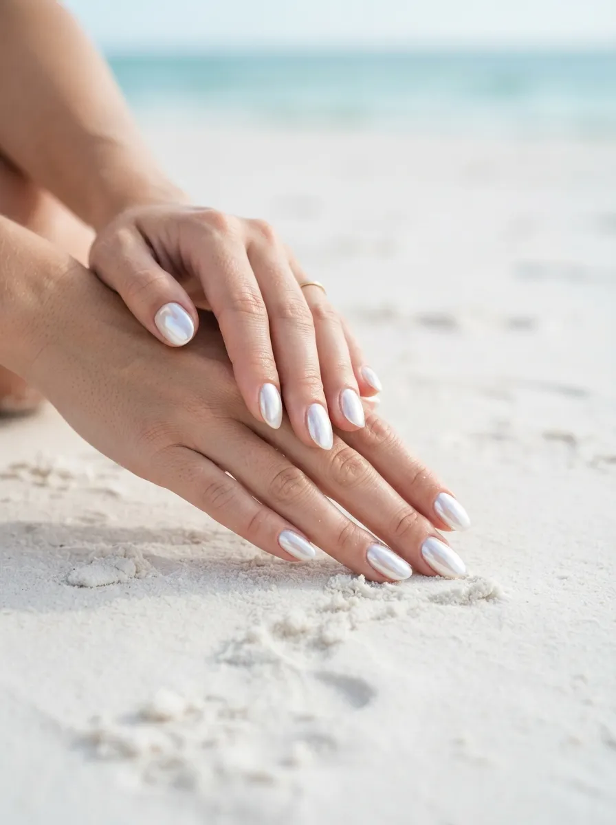 Pearl White Chrome Nails