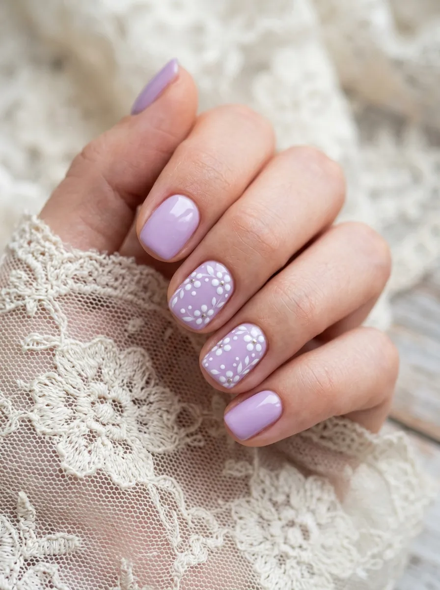 Lavender with White Floral Nail Art