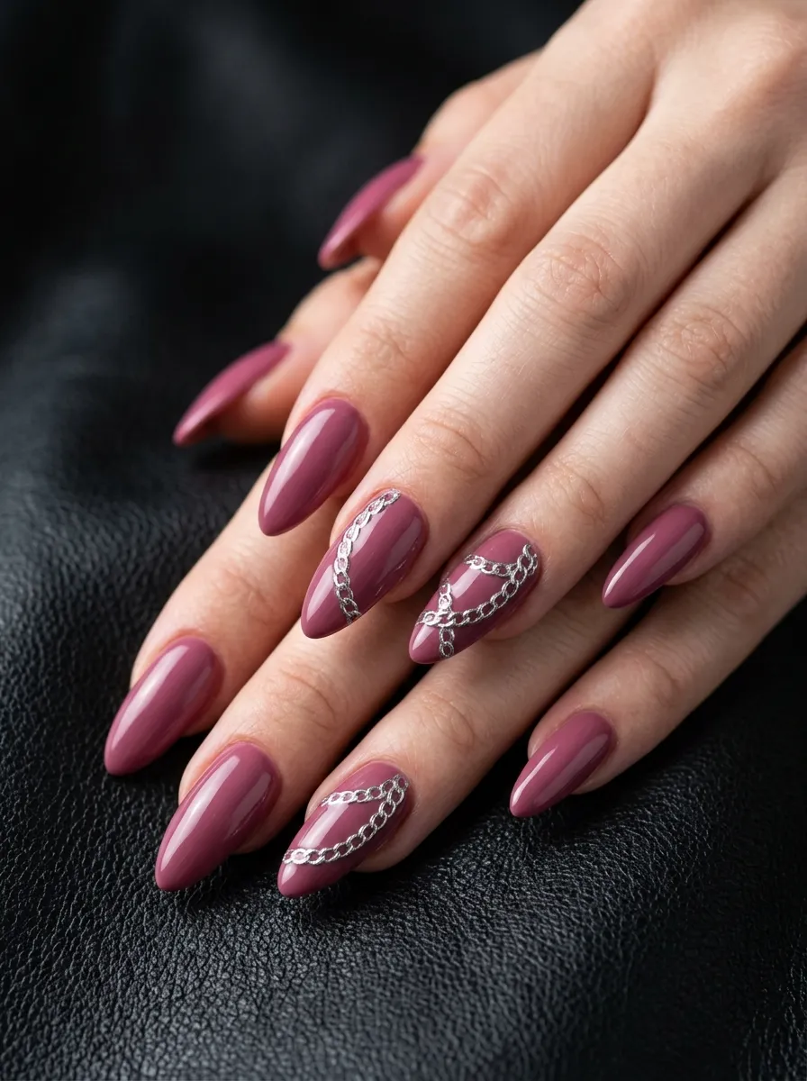 Deep Mauve Nails with Silver Chain Design
