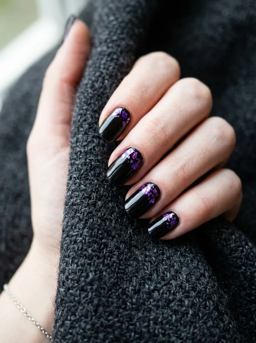 Black Nails With Purple Foil Accents