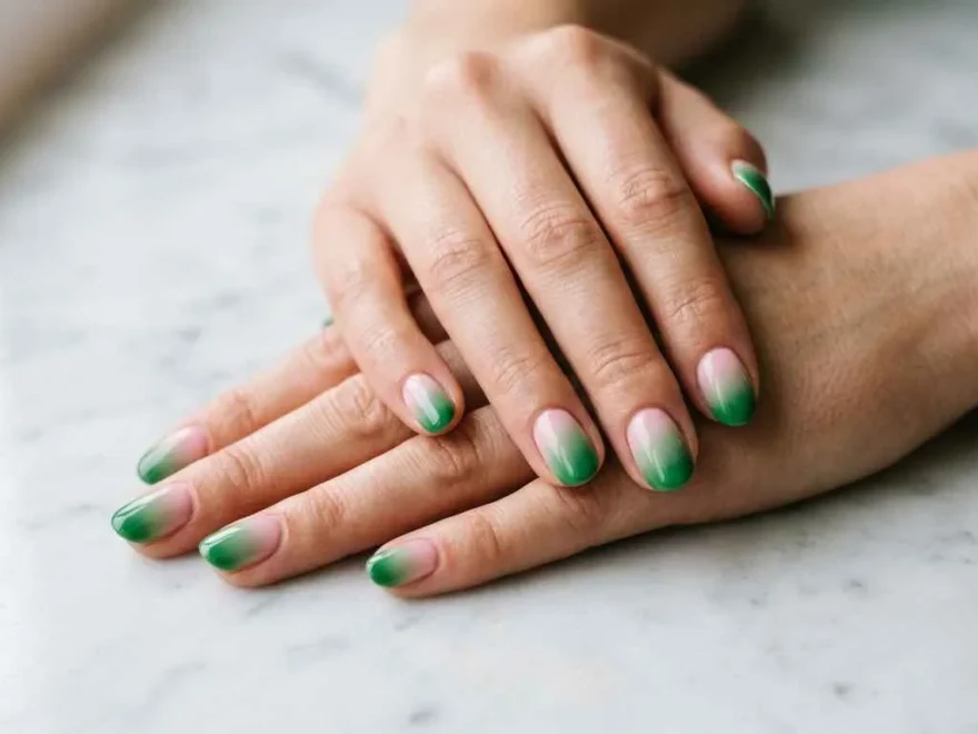 [Image Prompt: Overhead shot of both hands placed flat on a pale cream linen surface, nails painted in a delicate ombre from blush pink at the base fading into cool mint green at the tips, soft diffused natural light from a nearby window, no nail art accessories, clean cuticles, skin appears natural and unfiltered, captured with a mirrorless camera at a slight angle, pastel tones appear muted and soft.]